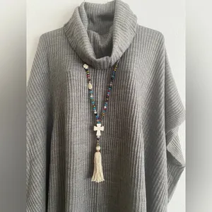 1Pc Boho Sweater Necklace Colorful‎ Beaded Cream Tassel Cross Charm Fashion thumbnail 2