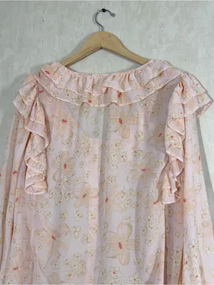 Free People Women’s Cherry Bright Blouse Top Ruffle Neck Sheer in Floral Peach M thumbnail 6