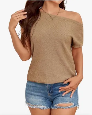 NEW ZAFUL Tan Off shoulder Tunic Short Sleeve Sweater L thumbnail 1