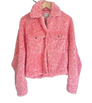 Free People jacket teddy Bear pink small we the free fuzzy cozy pockets snap thumbnail 2