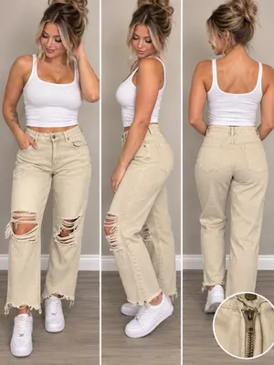 Zenana High Rise Distressed Straight Jeans Sand Beige thumbnail 2