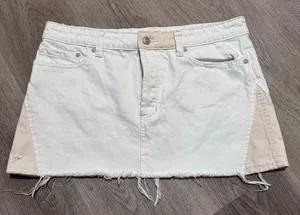 We The Free People Two Toned Patched Up White Cream Raw Hem Denim Skirt 29 thumbnail 1
