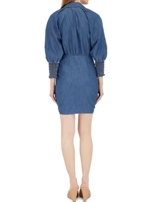 Veronica Beard Allie Ruched Chambray Mini Dress Denim Blue Buttons Collar Sz 2 thumbnail 2