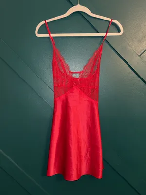 Victoria's Secret Negligee Satin Chemise Nightgown Red Lace Trim Bodice thumbnail 3