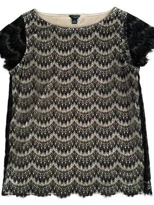 Ann Taylor Black Nude Sheer Lace Overlay Round Neck Short Sleeve Top Size S thumbnail 6