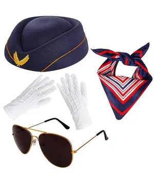 Flight Attendant Costume Accessories Stewardess Hat Sunglasses Scarf Gloves OS thumbnail 1
