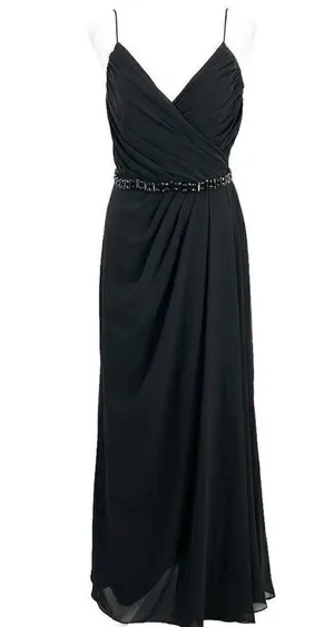 Lillian’s V Neck Faux Wrap Beaded Banding Waist Black Formal Dress Gown Size 6 thumbnail 10