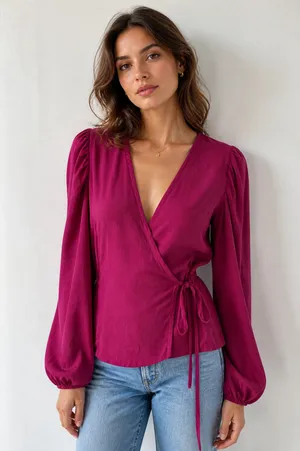 Lulus S Fuchsia Wrap Blouse with Puff Sleeves thumbnail 1