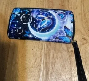 Blue Butterfly Celestial Moon Cosmic Print Zip Around‎ Wristlet Wallet Black thumbnail 1