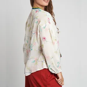 Zara Embroidered Tassel Tie Ivory Peasant Blouse L thumbnail 2