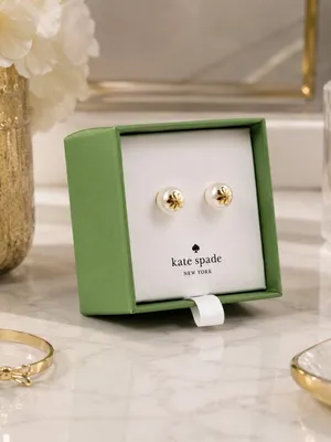 Kate Spade Pearl Clover Stud Earrings Gold Tone Gift Box NWT thumbnail 2