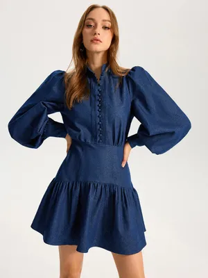 Commence Denim Stand Collar Puff Sleeve Mini Dress thumbnail 1