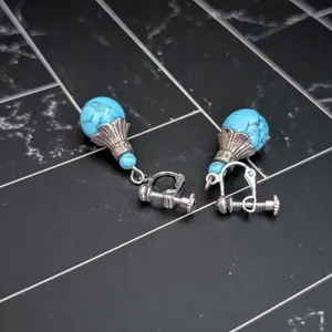 Vintage Clip On Earrings Silver Tone & Turquoise Tone Dangle Ball - Statement thumbnail 4