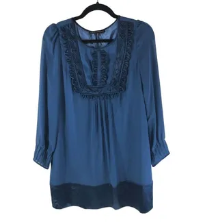 Miss Me Collection Mini Shift Dress Long Sleeve Satin Applique Blue M thumbnail 1