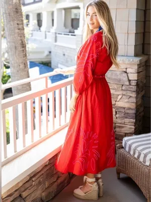 NWT Ciebon Eliza Embroidered Red Gauze Cotton A-Line Tropical Boho‎ Midi Dress thumbnail 2