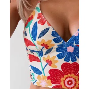 NWT Floerns Floral Print Halter Neck Tankini 2 Piece Swimsuit Beige Multi Small thumbnail 3