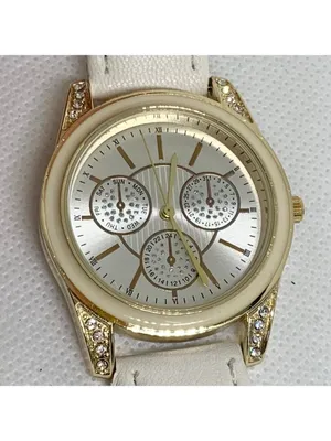 Ding feng Women’s watch gold tone rhinestones 35mm quartz white leather running thumbnail 3