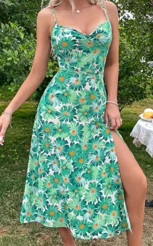 Crowl Neck Nwot small sexy high slit thigh floral party club bidycon dress spaghetti ruched Green thumbnail 3