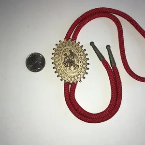 Red Western Bolo Tie with Decorative Gold Tone Dancer Medallion thumbnail 4