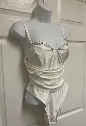 SheIn Sexy White Rhinestone Detail Ruched Bustier Cami Bodysuit thumbnail 5