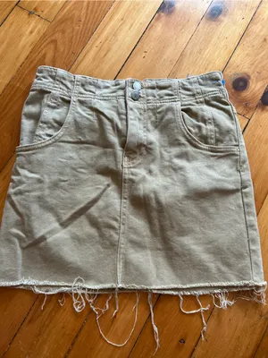 Free People Womens Corsette Skirt Sz 4 Tan Denim Mini Buckle Back Boho Raw Hem thumbnail 2