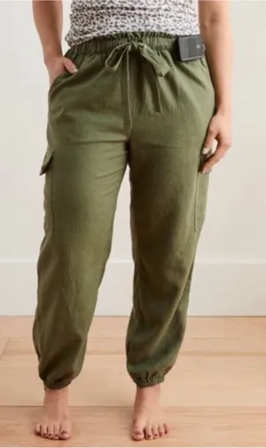Aerie Linen Blend Paperbag Waist Cargo Joggers in Army Green Small thumbnail 1