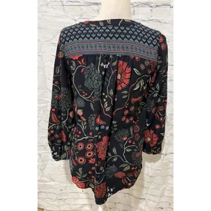 ANN TAYLOR LOFT WOMENS BOHO BLOUSE Navy FLORAL LONG SLEEVE Round Neck Medium thumbnail 5
