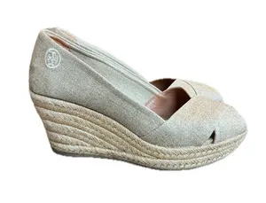 Tory Burch Tan Canvas Peep Toe Espadrille Wedges Platform Stretch Size 9 Women's thumbnail 1