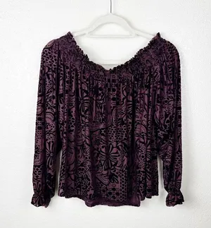Free People Purple Velvet A Little Twist Off Shoulder Burgundy Blouse Size M thumbnail 5