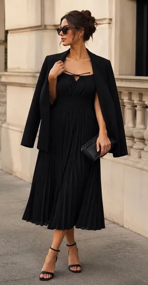 J.Crew Smocked Waist Pleated Midi Dress Black NWT Size 8 thumbnail 1