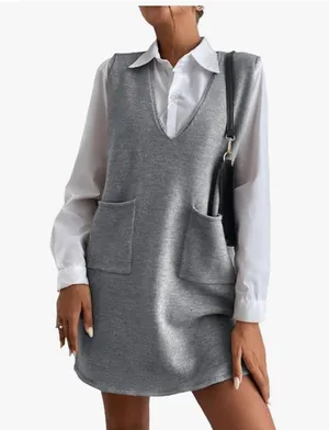 NEW Light Gray V Neck Sleeveless Knitted Short Sweater Dress with Pockets 2X thumbnail 1