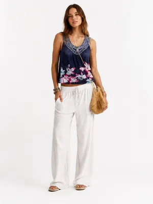 Anthropologie XS Navy Floral Tank Top Boho Beaded Scoop Neck Embellished Blouse thumbnail 2