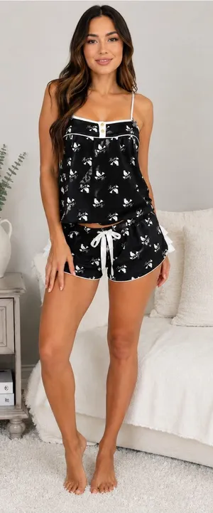 Juicy Couture Bird Print Satin Pajama Set | Cami & Shorts | Size S thumbnail 1