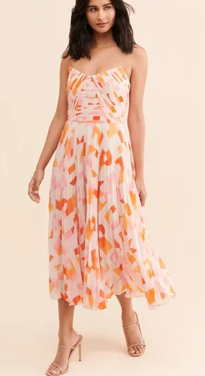 AMUR Strapless Midi Dress in Pink, Orange, White Geometric Print thumbnail 1