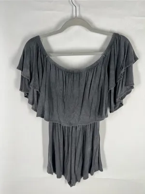 Soprano Gray Ribbed Off-Shoulder Romper‎ thumbnail 7