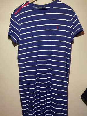 Ralph Lauren Blue & White Striped Maxi Dress with Red Logo, zipper detail-large thumbnail 1