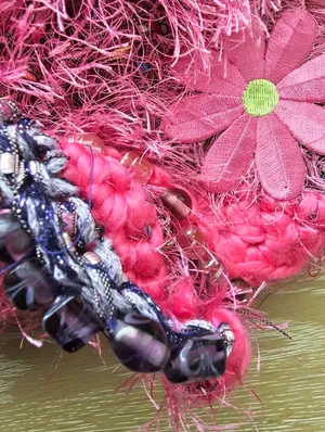 Vintage Y2K Hand Knitted Fuzzy E-Girl Scarf – Pink & Purple Eyelash Yarn Beaded thumbnail 5