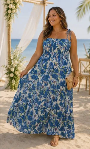 Hailey & Co Women's Plus Size‎ 3X Blue Floral Smocked Tie-Strap Maxi Dress thumbnail 1