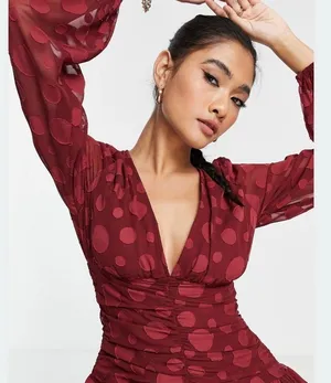 ASOS New Design V-Neck Ruched Waist Long Sleeve Skater Mini Dress Oxblood Size 0 thumbnail 4