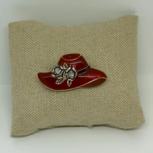 Vintage Red Enamel Hat Brooch Rhinestone Western Statement Pin thumbnail 1