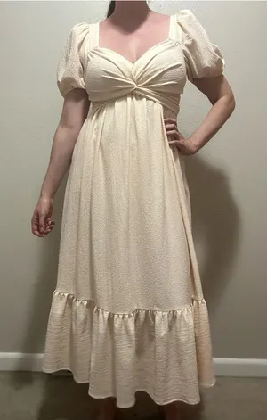 ASTR The Label Twist Bust Tie Back Puff Sleeve Midi Dress Cream Peach Medium thumbnail 1