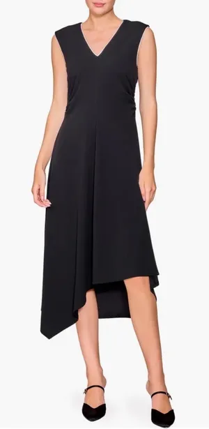 Melloday NWT Black Ruched Asymmetric Midi Dress Contrast Trim VNeck Sleeveless S thumbnail 1