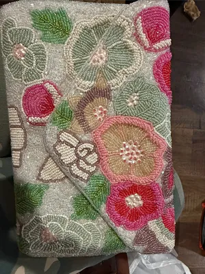 Beaded Floral Clutch in Pink, Green and Cream thumbnail 1