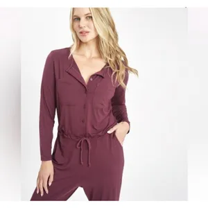 Lively Jumpsuit Pajamas‎ Sleepwear Burgundy Long Sleeve Drawstring Pockets L thumbnail 2