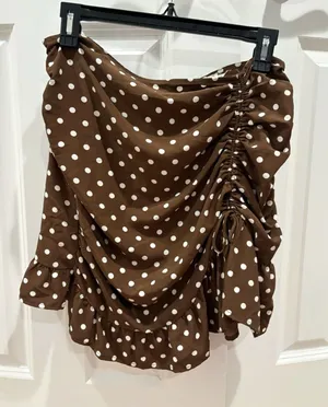 Women’s Brown and White Polka Dot Skirt Size L Trendy Summer Ruched Mini Skirt thumbnail 1