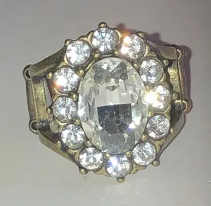 Antique Gold Tone Brass Tone Rhinestone Cluster Ring thumbnail 1