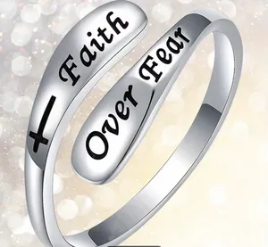 & Other Stories Women’s Stainless Steel Silver “Faith over Fear” Adjustable Ring Size 6-9 thumbnail 2