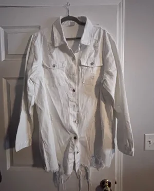 White Distressed Long Denim Jacket - Women's thumbnail 1