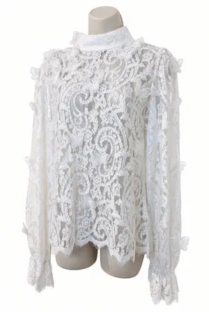 INA White Lace High Neck Blouse 3D Butterflies Size L Back Zipper thumbnail 1