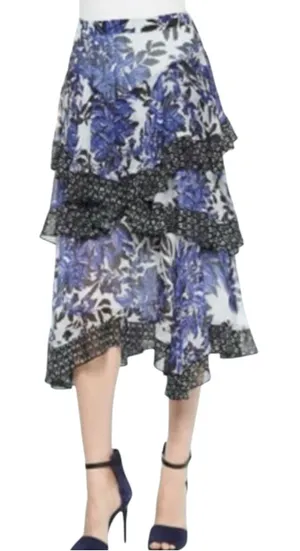Rebecca Taylor Silk Tiered Blue and Black Ruffle Printed Midi Skirt 8 thumbnail 1